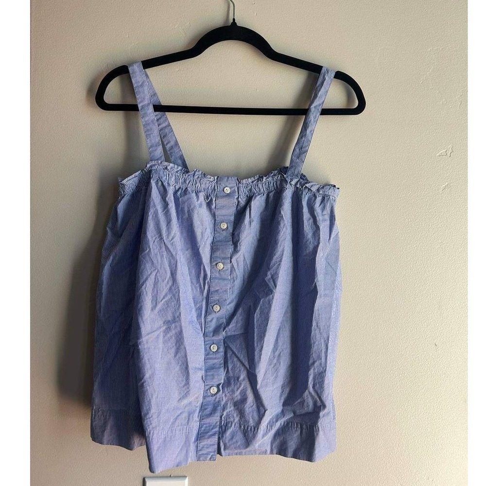 J Crew French Blue Pinstripe Button Front Smocked Tank Top Coastal 6 Euro Summer